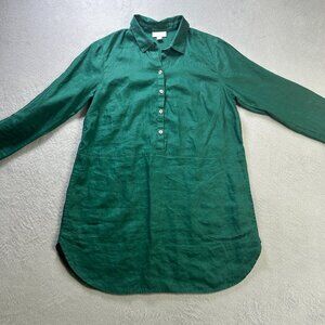 J Jill Love Linen Tunic Shirt Womens XS Green Long Sleeve Button Pockets Relaxed